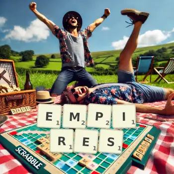 Creative illustration for a Scrabble game with the word EMPIRES spelled out in tiles on the board.
