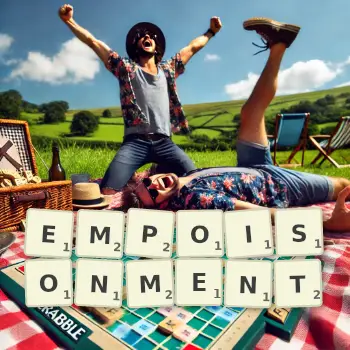Creative illustration for a Scrabble game with the word EMPOISONMENT spelled out in tiles on the board.