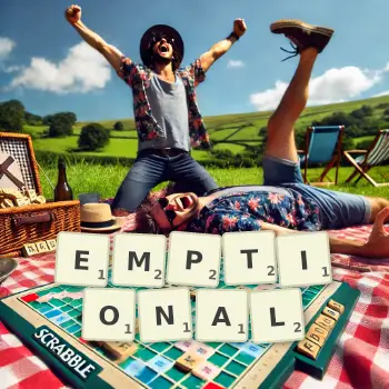 Creative illustration for a Scrabble game with the word EMPTIONAL spelled out in tiles on the board.
