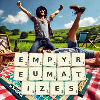 Creative illustration for a Scrabble game with the word EMPYREUMATIZES spelled out in tiles on the board.