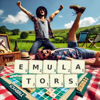 Creative illustration for a Scrabble game with the word EMULATORS spelled out in tiles on the board.