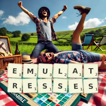 Creative illustration for a Scrabble game with the word EMULATRESSES spelled out in tiles on the board.