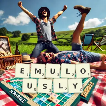 Creative illustration for a Scrabble game with the word EMULOUSLY spelled out in tiles on the board.