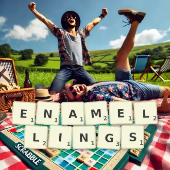 Creative illustration for a Scrabble game with the word ENAMELLINGS spelled out in tiles on the board.