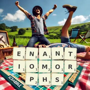 Creative illustration for a Scrabble game with the word ENANTIOMORPHS spelled out in tiles on the board.
