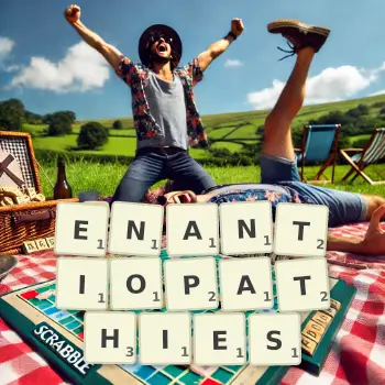 Creative illustration for a Scrabble game with the word ENANTIOPATHIES spelled out in tiles on the board.