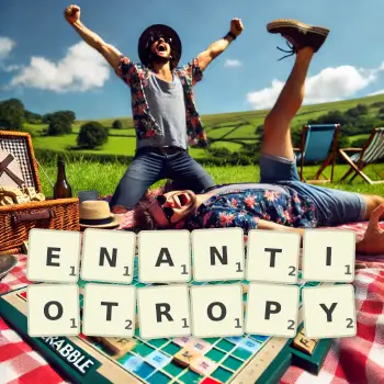 Creative illustration for a Scrabble game with the word ENANTIOTROPY spelled out in tiles on the board.