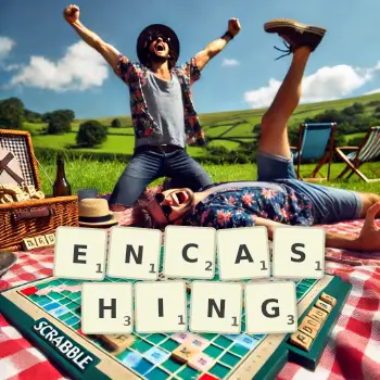 Creative illustration for a Scrabble game with the word ENCASHING spelled out in tiles on the board.