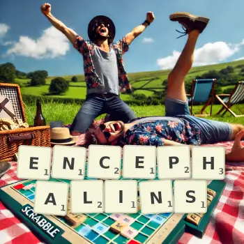 Creative illustration for a Scrabble game with the word ENCEPHALINS spelled out in tiles on the board.