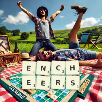 Creative illustration for a Scrabble game with the word ENCHEERS spelled out in tiles on the board.