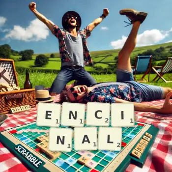 Creative illustration for a Scrabble game with the word ENCINAL spelled out in tiles on the board.