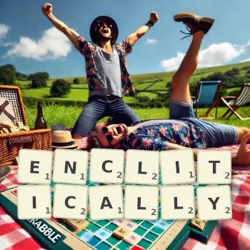 Creative illustration for a Scrabble game with the word ENCLITICALLY spelled out in tiles on the board.