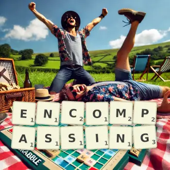 Creative illustration for a Scrabble game with the word ENCOMPASSING spelled out in tiles on the board.