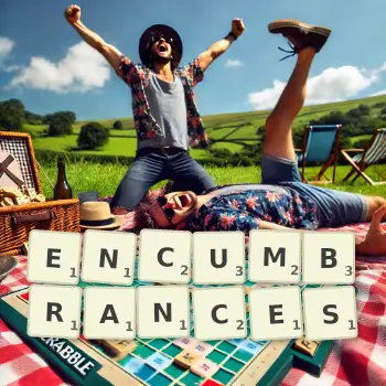 Creative illustration for a Scrabble game with the word ENCUMBRANCES spelled out in tiles on the board.