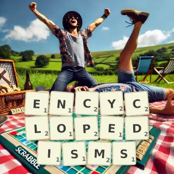 Creative illustration for a Scrabble game with the word ENCYCLOPEDISMS spelled out in tiles on the board.
