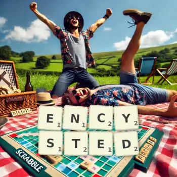 Creative illustration for a Scrabble game with the word ENCYSTED spelled out in tiles on the board.
