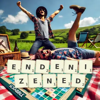 Creative illustration for a Scrabble game with the word ENDENIZENED spelled out in tiles on the board.