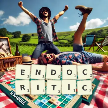 Creative illustration for a Scrabble game with the word ENDOCRITIC spelled out in tiles on the board.