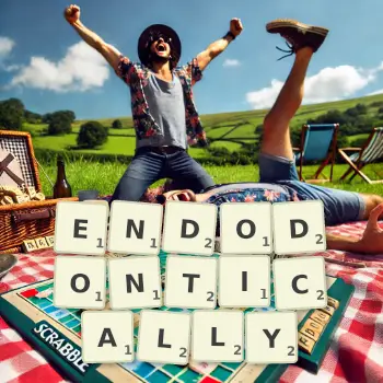 Creative illustration for a Scrabble game with the word ENDODONTICALLY spelled out in tiles on the board.