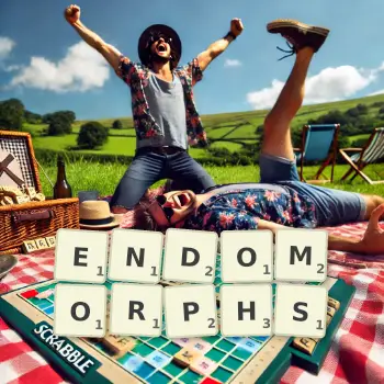 Creative illustration for a Scrabble game with the word ENDOMORPHS spelled out in tiles on the board.