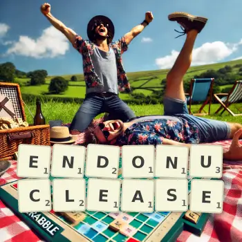 Creative illustration for a Scrabble game with the word ENDONUCLEASE spelled out in tiles on the board.