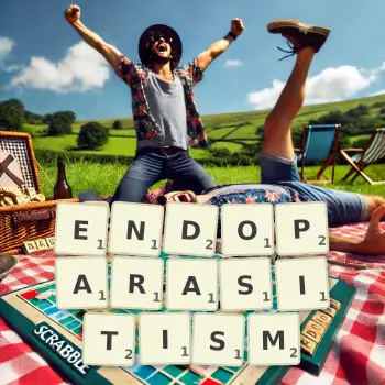 Creative illustration for a Scrabble game with the word ENDOPARASITISM spelled out in tiles on the board.