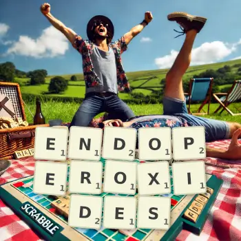 Creative illustration for a Scrabble game with the word ENDOPEROXIDES spelled out in tiles on the board.