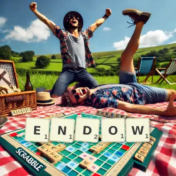 Creative illustration for a Scrabble game with the word ENDOW spelled out in tiles on the board.