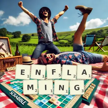 Creative illustration for a Scrabble game with the word ENFLAMING spelled out in tiles on the board.