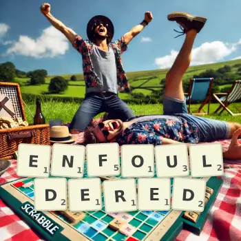 Creative illustration for a Scrabble game with the word ENFOULDERED spelled out in tiles on the board.
