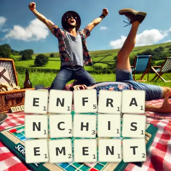 Creative illustration for a Scrabble game with the word ENFRANCHISEMENT spelled out in tiles on the board.