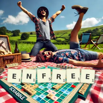 Creative illustration for a Scrabble game with the word ENFREE spelled out in tiles on the board.