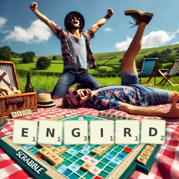 Creative illustration for a Scrabble game with the word ENGIRD spelled out in tiles on the board.