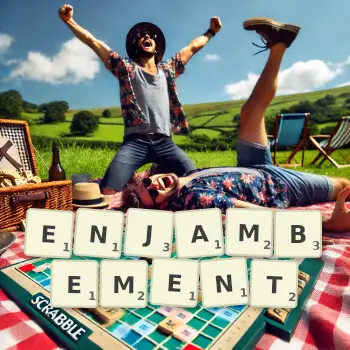 Creative illustration for a Scrabble game with the word ENJAMBEMENT spelled out in tiles on the board.