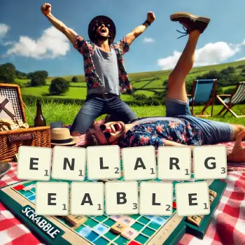 Creative illustration for a Scrabble game with the word ENLARGEABLE spelled out in tiles on the board.
