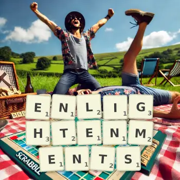 Creative illustration for a Scrabble game with the word ENLIGHTENMENTS spelled out in tiles on the board.