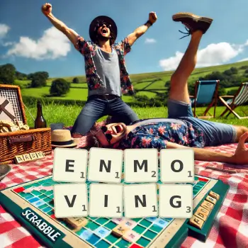 Creative illustration for a Scrabble game with the word ENMOVING spelled out in tiles on the board.