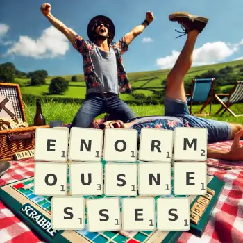 Creative illustration for a Scrabble game with the word ENORMOUSNESSES spelled out in tiles on the board.