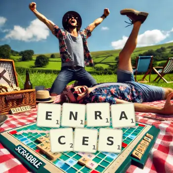 Creative illustration for a Scrabble game with the word ENRACES spelled out in tiles on the board.