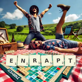 Creative illustration for a Scrabble game with the word ENRAPT spelled out in tiles on the board.
