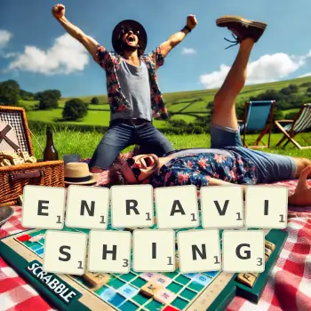 Creative illustration for a Scrabble game with the word ENRAVISHING spelled out in tiles on the board.