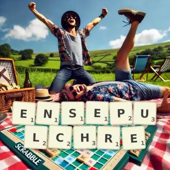 Creative illustration for a Scrabble game with the word ENSEPULCHRE spelled out in tiles on the board.