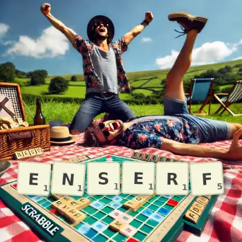 Creative illustration for a Scrabble game with the word ENSERF spelled out in tiles on the board.