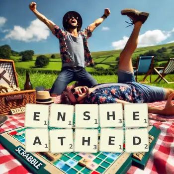 Creative illustration for a Scrabble game with the word ENSHEATHED spelled out in tiles on the board.
