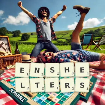 Creative illustration for a Scrabble game with the word ENSHELTERS spelled out in tiles on the board.