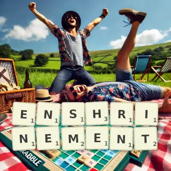 Creative illustration for a Scrabble game with the word ENSHRINEMENT spelled out in tiles on the board.