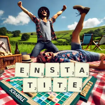 Creative illustration for a Scrabble game with the word ENSTATITE spelled out in tiles on the board.