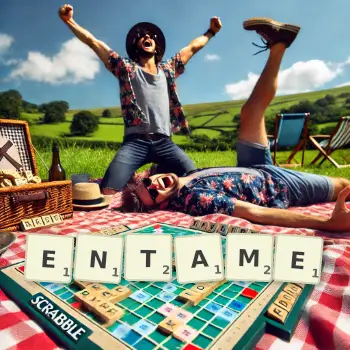 Creative illustration for a Scrabble game with the word ENTAME spelled out in tiles on the board.