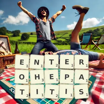 Creative illustration for a Scrabble game with the word ENTEROHEPATITIS spelled out in tiles on the board.