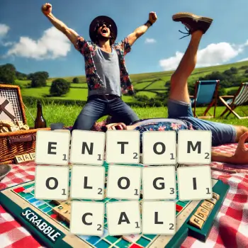 Creative illustration for a Scrabble game with the word ENTOMOLOGICAL spelled out in tiles on the board.